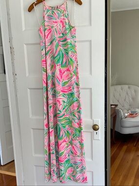 Lilly Pulitzer Pink & Green Tropical Print Maxi Dress XS